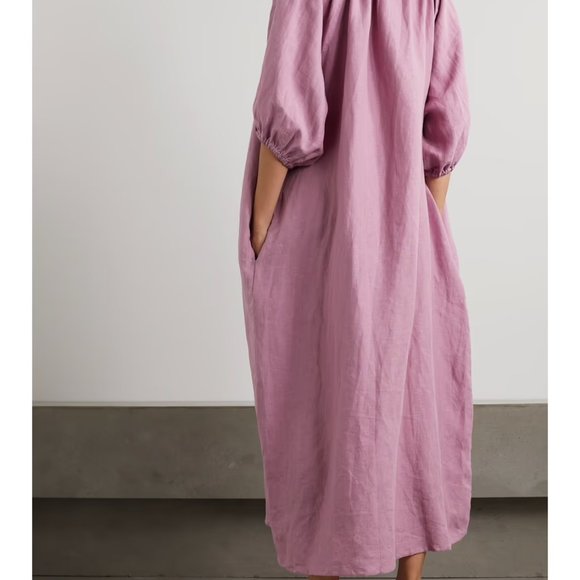 Deiji Studios The Blousy gathered washed-linen Midi Dress | NWT | M/L | Pink - Picture 4 of 6